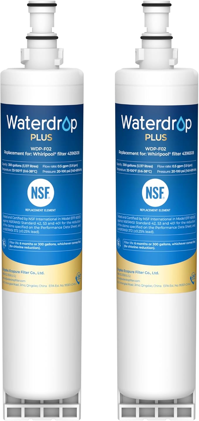 Waterdrop Plus 4396508 Refrigerator Water Filter, Replacement for Whirlpool® 4396510, EveryDrop® Filter 5, NSF/ANSI 401&53&42 Certified, Reduce RFAS, 2 Filters(Package may vary)