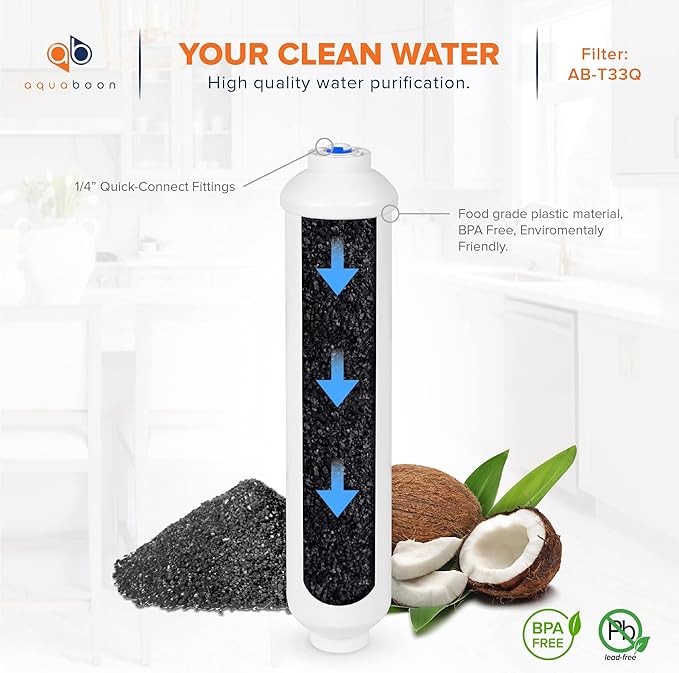 Aquaboon T33 Inline Post Activated Carbon Water Filter for Refrigerator, Ice Maker w/Quick Connect for 1/4 Water Line Compatible with ICF-10, 25-Pack