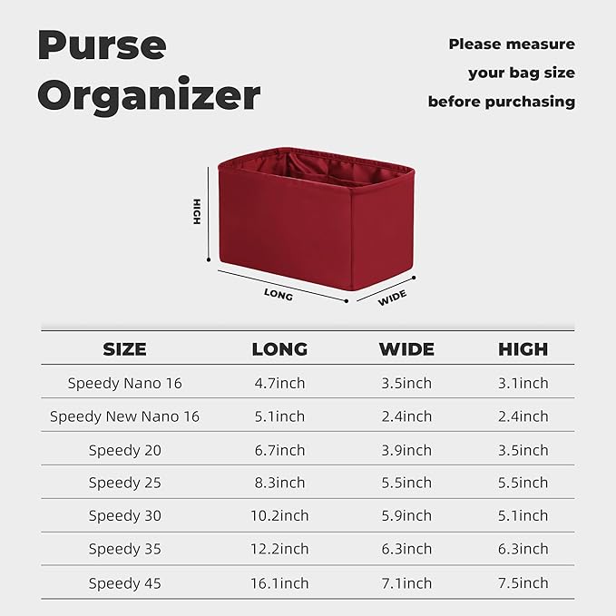 Purse Handbag Silky Organizer Insert Keep Bag Shape Fits LV Speedy 16/20/25/30/35/45 bags, Luxury Handbag Tote Lightweight Sturdy(Wine Red, Speedy new nano16)