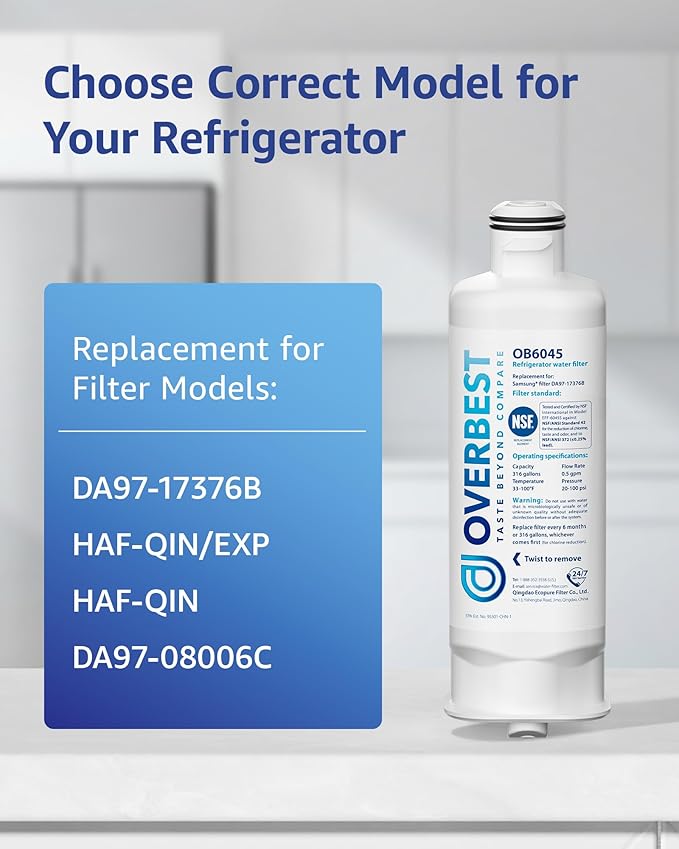 Overbest DA97-17376B Refrigerator Water Filter, Replacement for Samsung® HAF-QIN/EXP, HAF-QIN, DA97-08006C, RF28R7201SR, RF28R7351SG, RF23M8070SR, RF23M8090SG, OB6045, 3 Pack