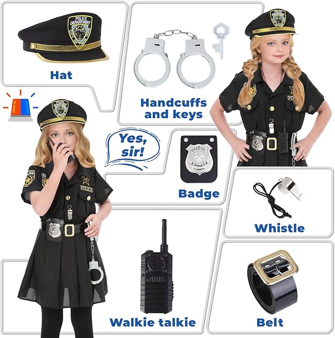 Lumiparty Police Officer Costume for Kid,Girls Police Costume,Halloween Cop Costume Outfit Set for Roleplay Dress Up