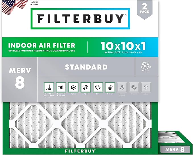 Filterbuy 10x10x1 Air Filter MERV 8 Essential Dust & Allergy Defense (2-Pack), Electrostatic Pleated HVAC AC Furnace Filters Replacement (Actual Size: 9.50 x 9.50 x 0.75)