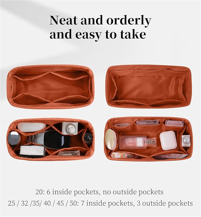 Purse Organizer Insert for Birkin 25, Lightweight & Soft Satin Organizer Insert with Pockets for Woman Bags, Ideal for Travel, Shopping, and Daily Use, Multicolor Options(Orange, BK25 Retourne)