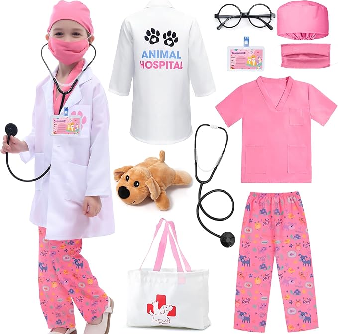 G.C Kids Veterinarian Costume Toddler Doctor Kit Scrubs Doctor Vet Costume Play Set Boys Girls Halloween Dress Up Career Day
