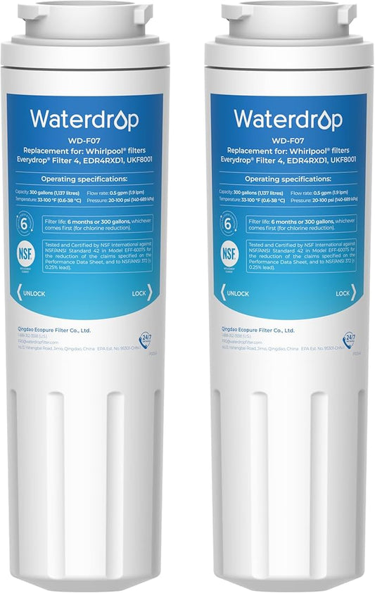 Waterdrop UKF8001 Refrigerator Water Filter 4, Replacement for Whirlpool® EDR4RXD1, EveryDrop® Filter 4, Maytag® UKF8001AXX-750, UKF8001AXX-200, 46-9006, Puriclean II, WD-F07, 2 Filters