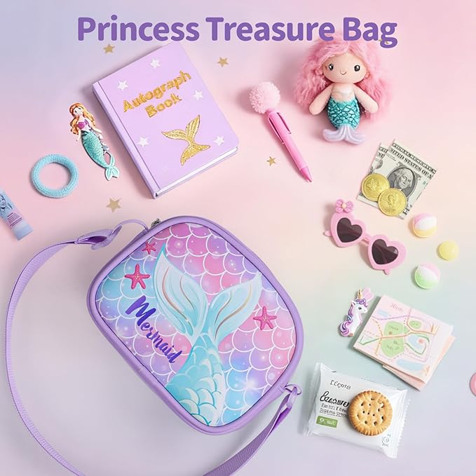 Girls Purse with Gift Box - Cute Toddler Purse for 3 4 5 6 7 8 Year Old Girls Birthday Christmas Gifts Kids Crossbody Bag with Adjustable Strap, Purple Mermaid