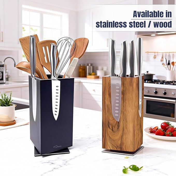 Dmore magnetic knife block without knives, 360° rotatable black magnet knife holder stand made of stainless steel, Extra Large capacity knife storage for knives and utensils for kitchen counter top