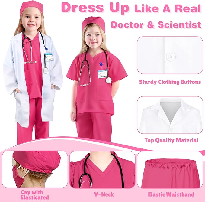 GIFTINBOX Doctor Costume for Kids Doctor Lab Coat for Kids Real Stethoscope, Girls Halloween Costumes for Kids age 3-11
