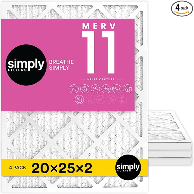 Simply 20x25x2 Air Filter, MERV 11, 4 Pack, Furnace Air Filter for HVAC (Actual Size: 19.5"x24.5"x1.75") DUST, Pet & Allergy Control