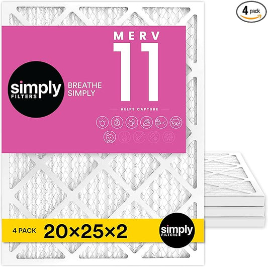 Simply 20x25x2 Air Filter, MERV 11, 4 Pack, Furnace Air Filter for HVAC (Actual Size: 19.5"x24.5"x1.75") DUST, Pet & Allergy Control