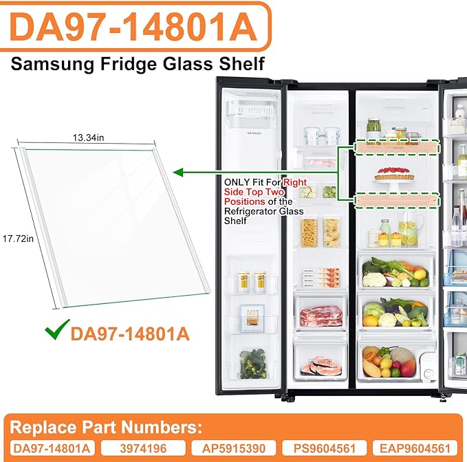Upgraded DA97-14801A Refrigerator Glass Shelf Compatible with Samsung Fridge Shelf Replacement RH22H9010SR RH22H9010SG Upper Shelves Tempered Glass Samsung Refrigerator Parts Glass Shelves 17.7x13.3