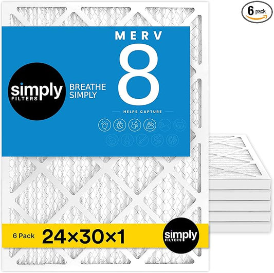 Simply 24x30x1 Air Filter, Merv 8, 6 Pack, For Home AC Furnace & HVAC (Actual Size: 23.94"x29.94"x0.75") DUST, Pet & Allergy Control,