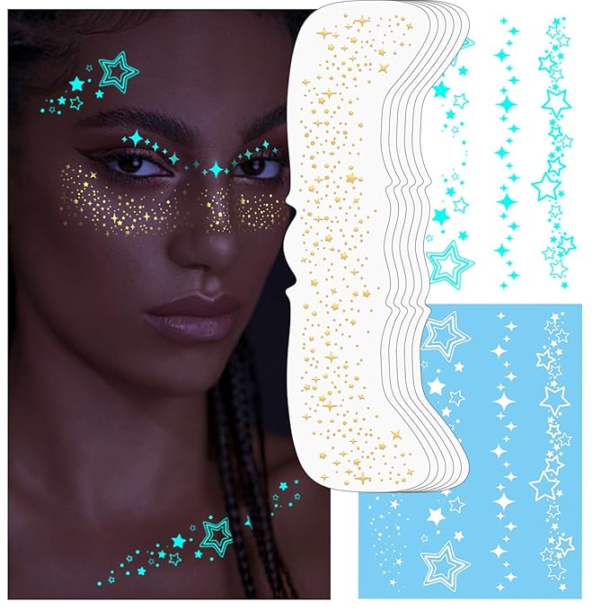 Noerrors Glow in Dark Glitter Freckles Star Gold Freckle Makeup Patches Set Nightglow Sparkle Face Glitter Shimmer Cute Faux Speckles Tattoo Sticker for Singer Music Festival Christmas Party
