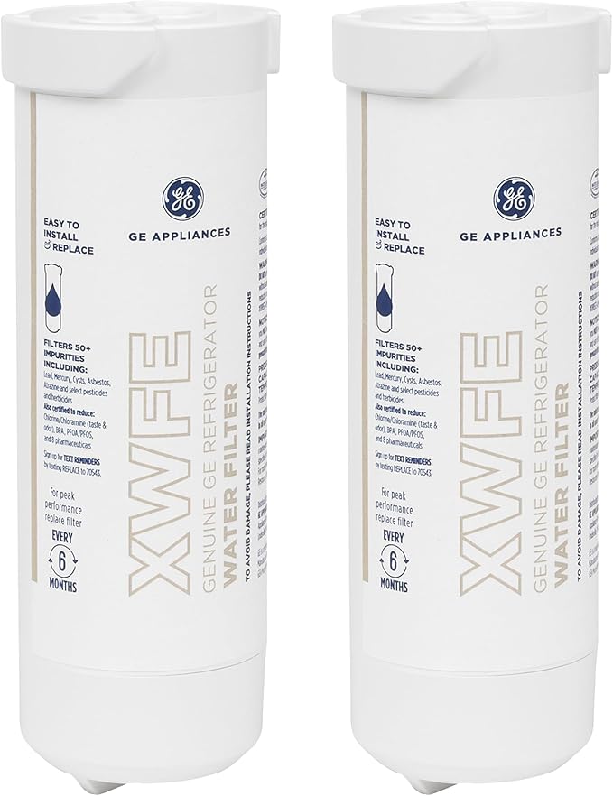 GE XWFE™ Refrigerator Water Filter, Genuine Replacement Filter, Certified to Reduce Lead, Microplastics, PFOA/PFOS, and 50+ Other Impurities, Compatible with GE Appliances Brands, Pack of 2