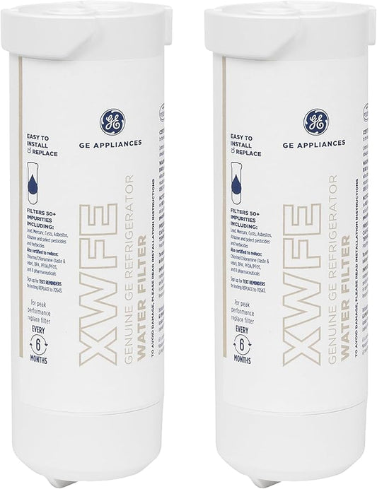 GE XWFE™ Refrigerator Water Filter, Genuine Replacement Filter, Certified to Reduce Lead, Microplastics, PFOA/PFOS, and 50+ Other Impurities, Compatible with GE Appliances Brands, Pack of 2