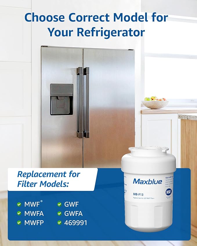Maxblue MB-F13 Replacement for GE® MWF®, SmartWater® MWFP, MWFINT, MWFA, GWF, HDX FMG-1, GSE25GSHECSS, WFC1201, RWF1060, Kenmore® 9991, Refrigerator Water Filter, 3 Filters