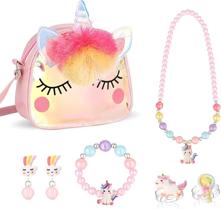 Hifot Kids Jewelry Little Girls Plush Handbag Necklace Bracelet Earrings Ring Hair Clips Set, Princess Costume Jewelry Party Favors Gift for Dress up Pretend Play (3-8 Years)