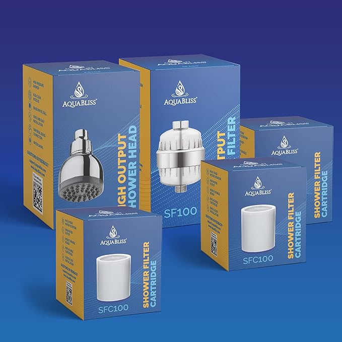 AquaBliss SF100 Revitalizing Shower Filter with 3 SFC100 Cartridges & TurboSpa 3" High Pressure Shower Head - Chrome