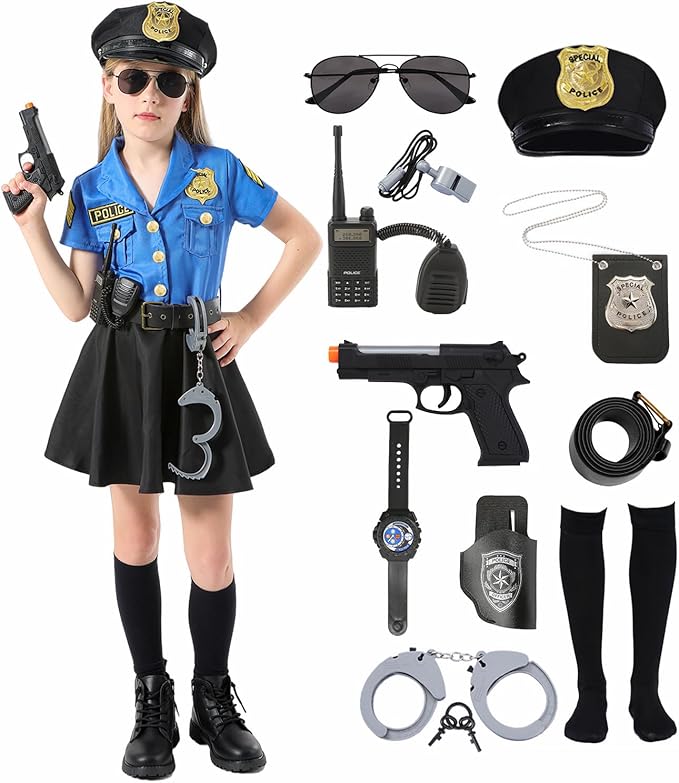 Police Costume for Girls Kids Cop Halloween Costumes Toddler Police Officer Uniform Outfit with Policeman Accessories