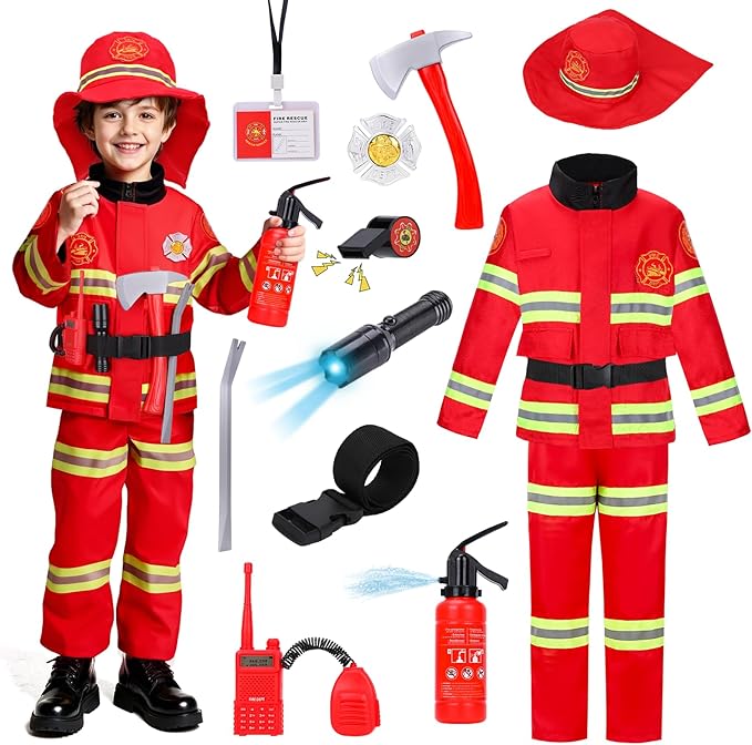 LOYO Firefighter Costume for Kids - Fireman Halloween Costumes for Toddler Boy, Dress Up Clothes for Kids 3-12 Pretend Play
