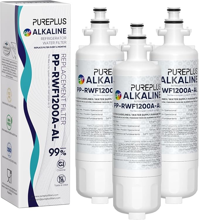 PUREPLUS Alkaline 9690 Replacement for Kenmore Elite 469690, LG LT700P, RFC 1200A, ADQ36006102, ADQ36006101,LFX28968ST,LFXS29626S,LFXS30766S,LFX31925ST,PL-500,RWF1052, Refrigerator Water Filter, 3PACK