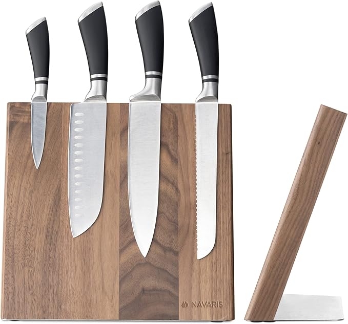 Navaris Wooden Magnetic Knife Holder - Universal Wood Magnetic Knife Block - Organizer for Knives Scissors Kitchen Cutlery - Walnut 10.9" x 10.8"
