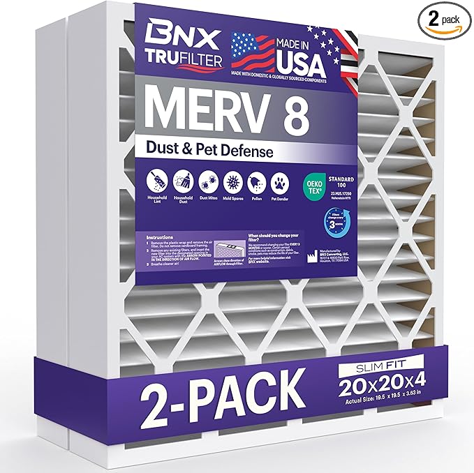BNX TruFilter 20x20x4 (19.5’’ x 19.5’’ x 3.63‘’ Slim Fit) MERV 8 Air Filter 2-Pack - MADE IN USA - Air Conditioner Furnace Filters HVAC AC Furnace Filters for Dust, Pet, Mold, Pollen MPR 600-700 FPR 5
