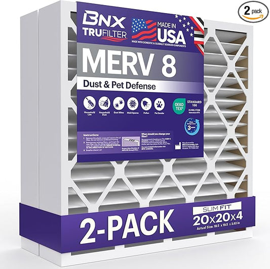 BNX TruFilter 20x20x4 (19.5’’ x 19.5’’ x 3.63‘’ Slim Fit) MERV 8 Air Filter 2-Pack - MADE IN USA - Air Conditioner Furnace Filters HVAC AC Furnace Filters for Dust, Pet, Mold, Pollen MPR 600-700 FPR 5