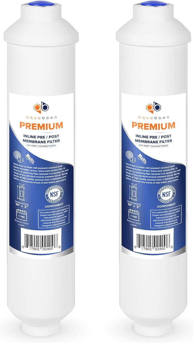 Aquaboon T33 Inline Carbon Filter - 1/4 Inline Water Filter for Refrigerator T33 Inline Ro Post/Granular Activated Carbon (GAC) Polishing Water Filter Cartridge for Reverse Osmosis System 2-Pack