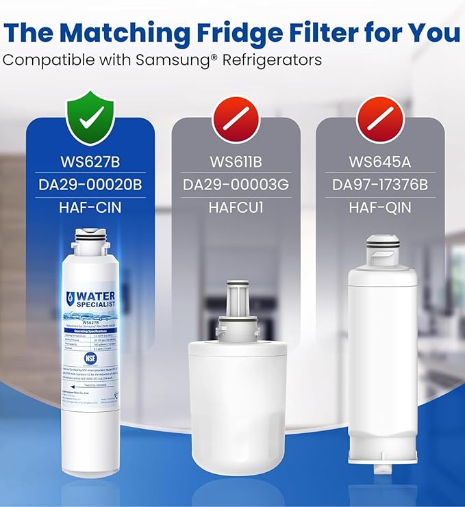 Waterspecialist DA29-00020B Replacement for Samsung® Water Filter DA29-00020B, HAF-CIN/EXP, DA29-00020B-1, HDX FMS-2, RS25J500DSR, RF28HMEDBSR, RF263BEAESR, RF4287HARS, DA97-08006A-1, 2 Filters