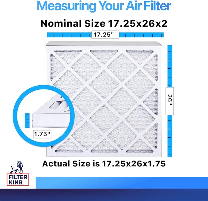 Filter King 17.25x26x2 Air Filter (MERV 8) (6-Pack) Dust & Allergy Control AC Furnace Filters, MADE IN USA, HVAC, Pleated, Electrostatic (Actual Size: 17.25 x 26 x 1.75)