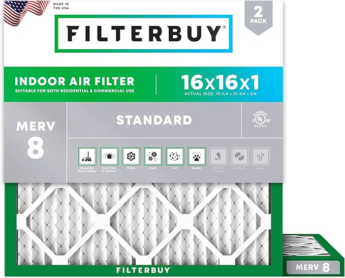 Filterbuy 16x16x1 Air Filter MERV 8 Essential Dust & Allergy Defense (2-Pack), Electrostatic Pleated HVAC AC Furnace Filters Replacement (Actual Size: 15.75 x 15.75 x 0.75)