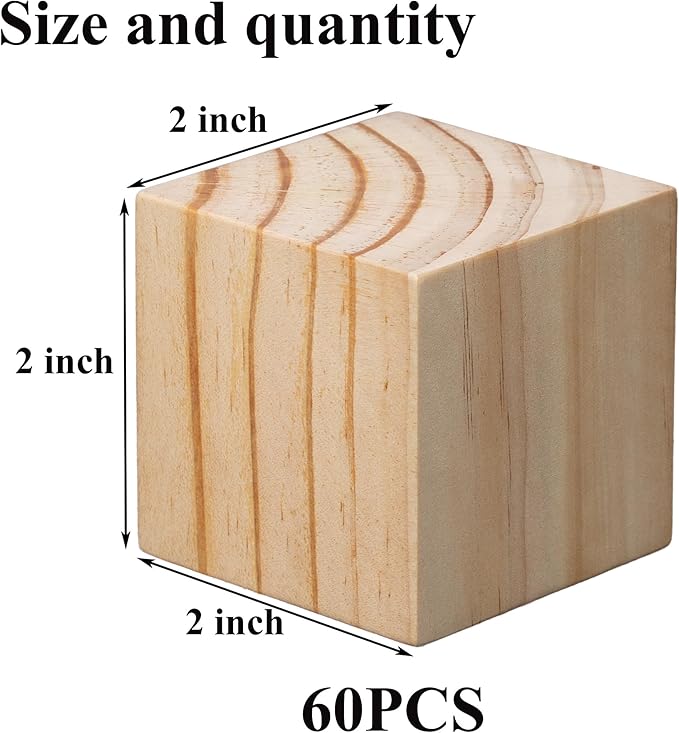 60 Pack Unfinished Wood Blocks 2 Inch - Solid Pine Wooden Cubes for Crafts, Sanded Smooth Natural Wood Squares for Painting, DIY Projects, Puzzle Making & Home Decor