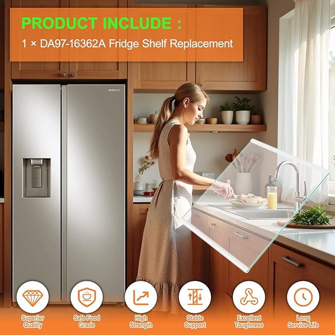 UPGRADED DA97-16362A Refrigerator Glass Shelf Compatible with Samsung Fridge Shelf Replacement Parts RS22T5201SR Shelves RS22T5561SR RS22T5561SG RS23A500ASR DA97-16362T Upper Tempered Glass Shelves