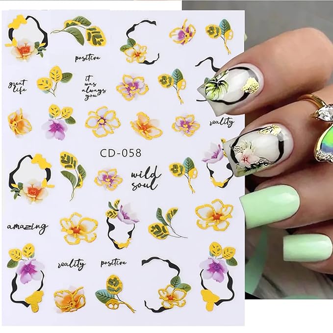 6 Sheets Colorful Flower Nail Art Adhesive Sticker 3D Self-Adhesive Nail Decals Art Design Holographic Tulip Nail Art Sticker Decoration for Women Manicure Tips Acrylic Nails DIY Nails Art Supplies