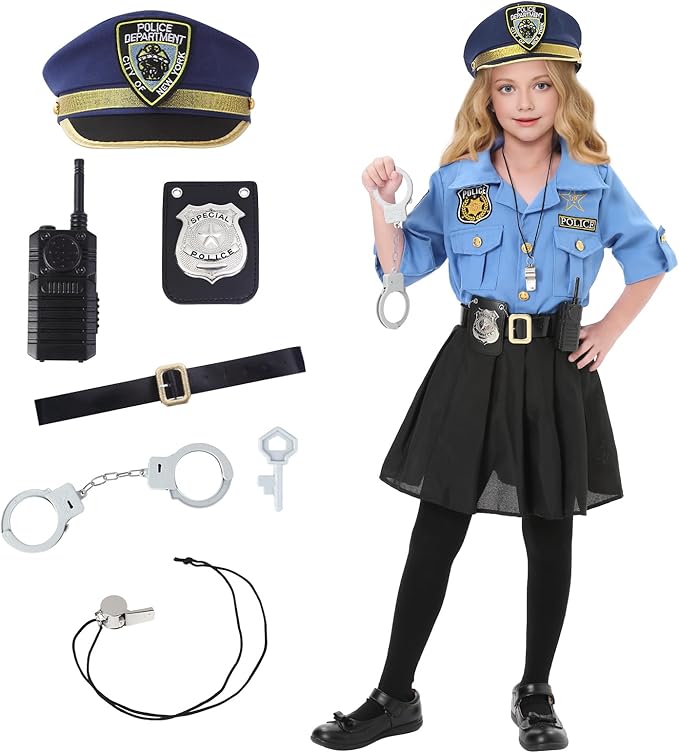 Lumiparty Police Officer Costume for Kid,Girls Police Costume,Halloween Cop Costume Outfit Set for Roleplay Dress Up