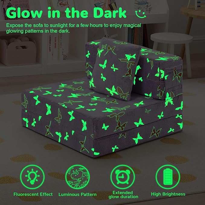 MeMoreCool Foldable Futon Chair Bed for Kids, Glow Tri-fold Sofa Bed Convertible Toddler Sofa Mattress, Foam Floor Couch for Sitting, Purple