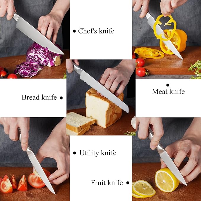 Silver Knife Set，6-Piece Stainless Steel Non-stick Dishwasher Safe Kitchen Knife Block Sets,With Double Sided Wooden Magnetic Block Holder,Gift for Housewarming Cooking Wedding