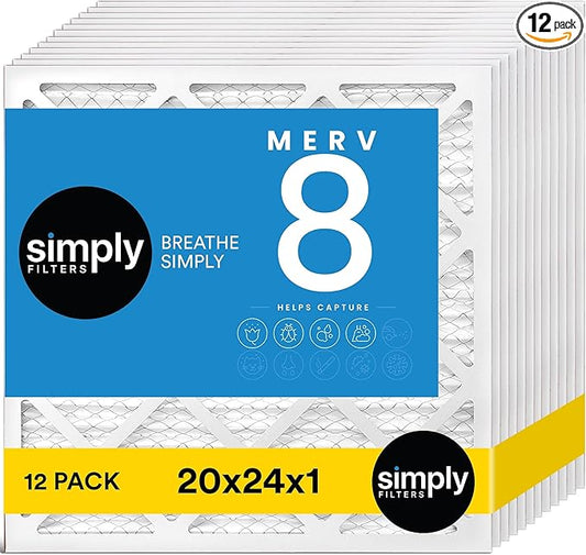 Simply 20x24x1 Air Filter, Merv 8, 12 Pack, For Home AC Furnace & HVAC (Actual Size: 19.75"x23.75"x0.75") DUST, Pet, & Allergy Control