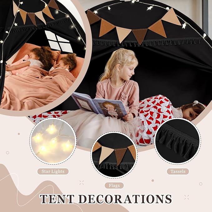Full Size Bed Tent Canopy, Kids Play Tent with Flags & Star Lights, Canopy on Bed Privacy Space Sleeping Blackout Tents, Indoor Breathable Portable & Foldable, XL-Large Black Tassels Style