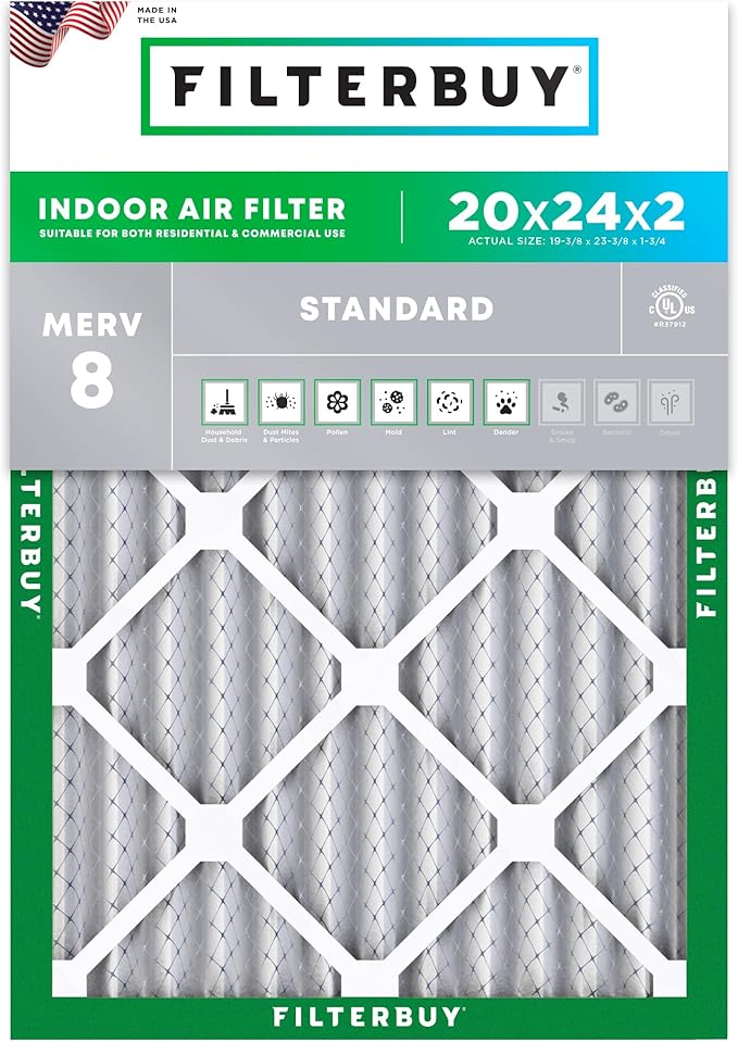 Filterbuy 20x24x2 Air Filter MERV 8 Essential Dust & Allergy Defense (1-Pack), Electrostatic Pleated HVAC AC Furnace Filters Replacement (Actual Size: 19.38 x 23.38 x 1.75)