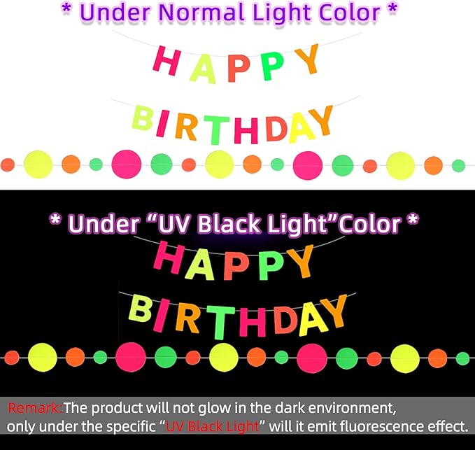 UV Neon Happy Birthday Banner Glow in the Dark Glow Party Supplies Decorations Glow in the Dark Blacklight Reactive Fluorescent Neon Party Supplies Birthday Black Light Party (Happy Birthday Banner)