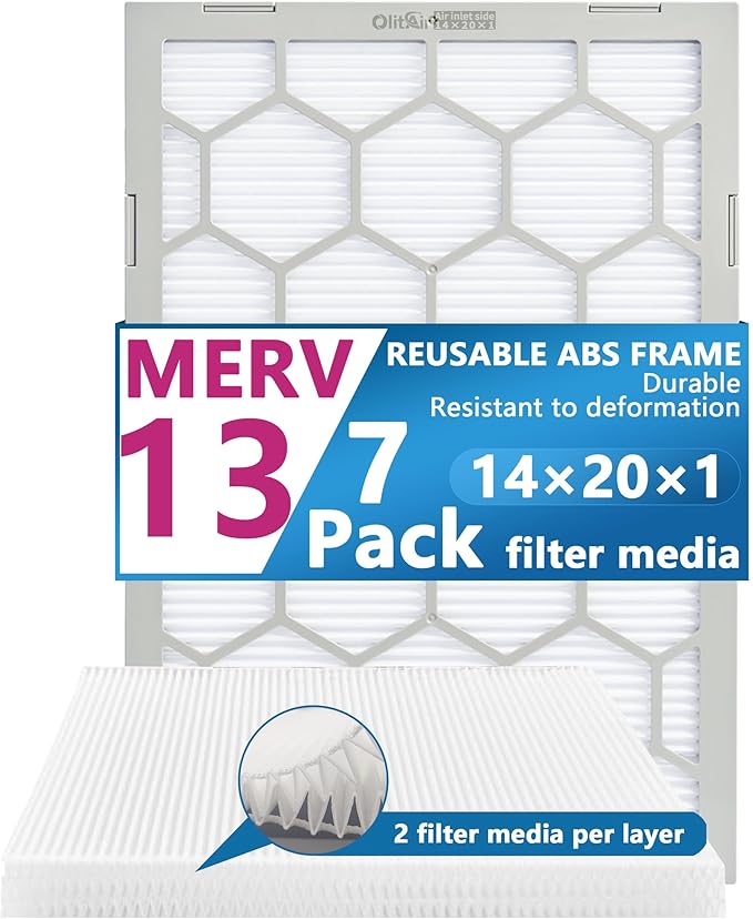 14x20x1 MERV 13 Air Filter,AC Furnace Air Filter,Reusable ABS Plastic Frame, 7 Pack Replaceable Filter Media (Actual Size: 13 3/4" x 19 3/4" x 3/4")