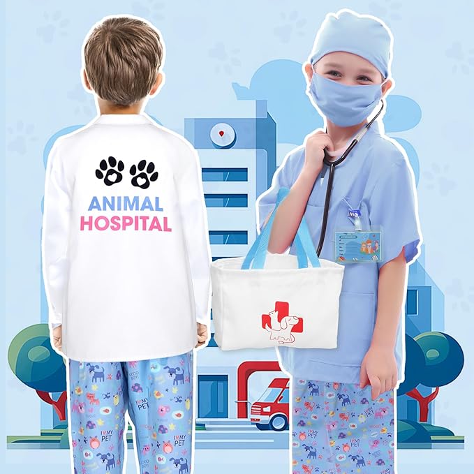 G.C Kids Veterinarian Costume Toddler Doctor Kit Scrubs Doctor Vet Costume Play Set Boys Girls Halloween Dress Up Career Day