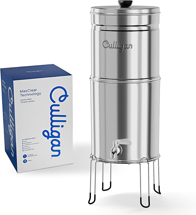 Culligan MaxClear 3 Gallon Gravity Water Filter System, Polished Stainless-Steel Countertop Water Filter NSF/ANSI Certified to Reduce Microplastics, Lead & Total PFAS, with 1 Ceramic Filter