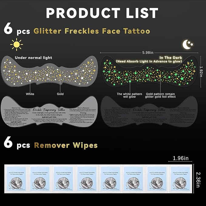 Noerrors 6pcs Glitter Freckles Glow in the Dark Temporary Speckles Tattoo Sticker, Cute Gold Star Nightglow Fake Faux Freckle Makeup Patches, Sparkle Glow Up Face Tattoo for Party
