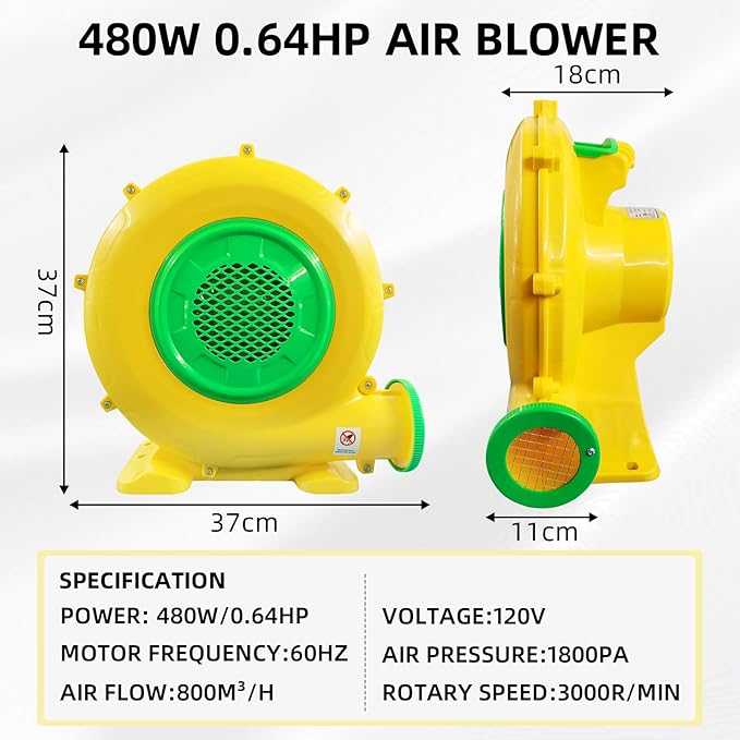 480W Inflatable Bounce House Air Blower, Portable Air Pump Perfect for Inflatable Bubble House, Bouncy Castle, Jumper, Water Slide(480W 0.64HP)
