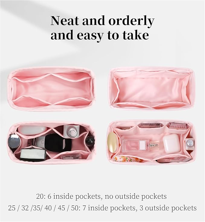 Purse Organizer Insert for Birkin 20, Lightweight & Soft Satin Organizer Insert with Pockets for Woman Bags, Ideal for Travel, Shopping, and Daily Use, Multicolor Options(Pink, BK 20)
