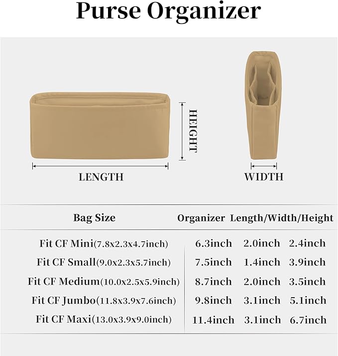 Classic Flap Bag Organizer Insert, Purse Organizer for Handbag Compatible with Chanel Classic Flap Jumbo, Multiple Pockets Bag Organizer (Chai, CF Jumbo)