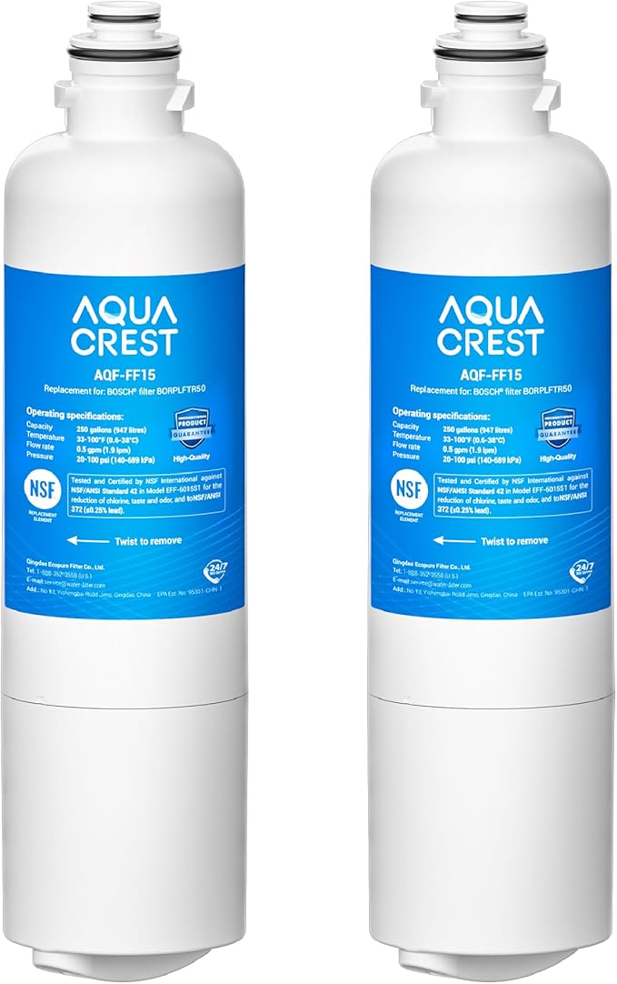 AQUA CREST 11032531 Replacement for Bosch® UltraClarity® Pro BORPLFTR50, 12033030 Refrigerator Water Filter, Compatible with 11025825, BORPLFTR55, B36CD50, B22CS50, B36FD50SNS, B36CT80SNS, 2 Packs